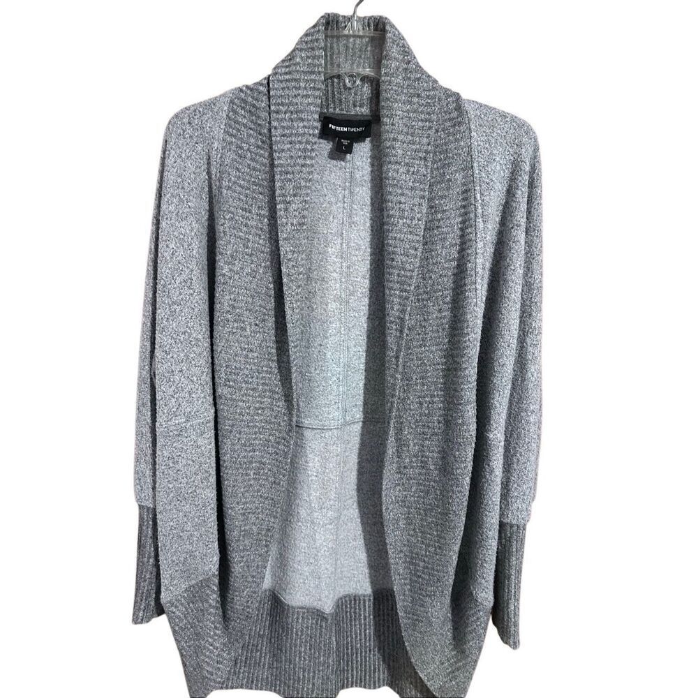 Fifteen Twenty Sz L Open Front Cardigan Gray Ribbed Cowl Neck Dolman Made in USA